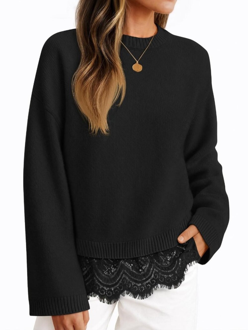 Cozy Lace Trim Pullover Sweater for Women - Fall & Winter Essential Top